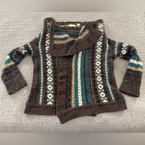 Sleeping on Snow Anthropologie Brown Fair Isle Open Cardigan Sweater Medium Wool